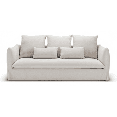 A contemporary sofa featuring a full slipcover in a light, neutral fabric. It has three large square back cushions and three smaller rectangular accent pillows, all loose. The arms are gently rolled or sloped, and the base features a skirted slipcover design. — 3D model (AI enhanced source)