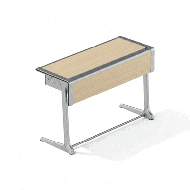 A modern standing desk featuring a light wood top and side panels, supported by a polished silver-tone metal frame with an integrated footrest. — 3D model (AI enhanced source)
