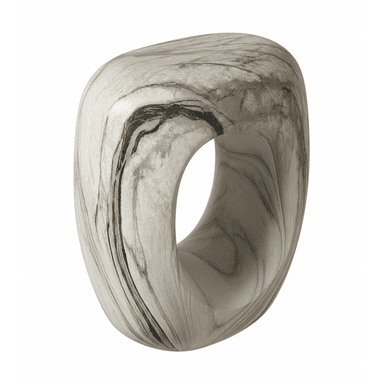 A modern sculptural accent table or stool crafted from a single piece of marble. It features an organic, curvilinear form with a prominent central elliptical void. The marble exhibits natural white, grey, and black veining patterns across its smooth, polished surface. — 3D model (AI enhanced source)