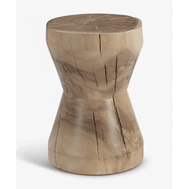 A natural solid wood stool carved from a single piece of timber, featuring a distinct hourglass or spool-like silhouette. The light brown surface displays prominent wood grain and natural checks/fissures. — 3D model (AI enhanced source)