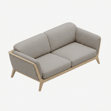 A modern two-seater sofa featuring a light grey fabric upholstery and an exposed light-toned wooden frame that forms the arms and legs. — 3D model (AI enhanced source)