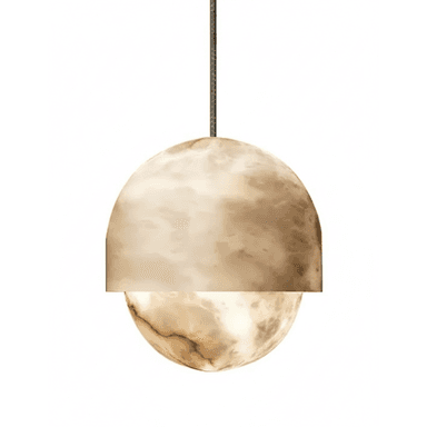 A spherical pendant light featuring a two-part shade made of translucent onyx. The upper half is a solid-appearing hemisphere, while the lower half is a more translucent sphere, revealing natural veining. It is suspended by a dark textile cord. — 3D model (AI enhanced source)