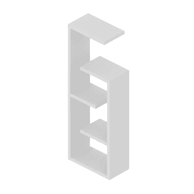 A white, modern, free-standing bookshelf with an asymmetric design. It features a vertical structure with several horizontal shelves. The top shelf extends further out to the right than the lower shelves. — 3D model (AI enhanced source)