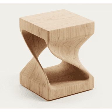 A light-toned oak stool or accent table featuring a unique, twisted hourglass form. It consists of a square top and base connected by a central section that rotates 90 degrees, creating a dynamic, sculptural silhouette. The natural wood grain is clearly visible, contributing to its organic and modern aesthetic. — 3D model (AI enhanced source)