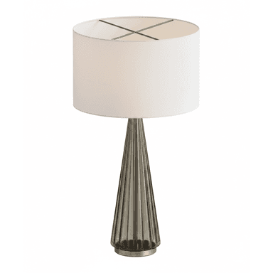 A modern table lamp featuring a conical, fluted base made of smoked glass, accented with brass elements, and topped with a cylindrical white fabric drum shade. — 3D model (AI enhanced source)