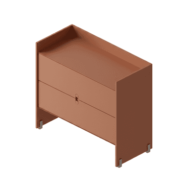 A reddish-brown, modern minimalist nightstand featuring two drawer-like panels on the front, with the upper panel appearing to be a drop-front or door. A subtle, integrated handle is present on the seam between the two panels. The top surface is designed with a raised back and partial sides, creating a shallow tray. The unit rests on two recessed, flat panel legs, each supported by two small, L-shaped metal feet. — 3D model (AI enhanced source)