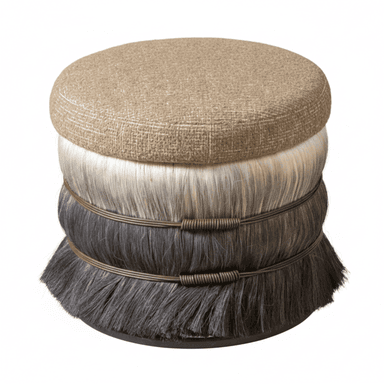 This is a unique, decorative ottoman with a round, upholstered top and a cylindrical base. The top is covered in a textured, neutral-toned fabric, possibly a linen or a blend, featuring a subtle crisscross weave. The base is constructed in tiers, with the upper tier appearing to be made of lighter colored, long hair or fiber, possibly horsehair or faux fur. The lower tier is made of darker, coarser hair or fiber, also possibly faux fur, which flares outwards towards the bottom. Two bands of thin, dark brown wire, wrapped around themselves to create a coiled effect, encircle the base between the tiers, adding an artisanal touch. The entire piece rests on a low, dark, circular base. — 3D model (AI enhanced source)