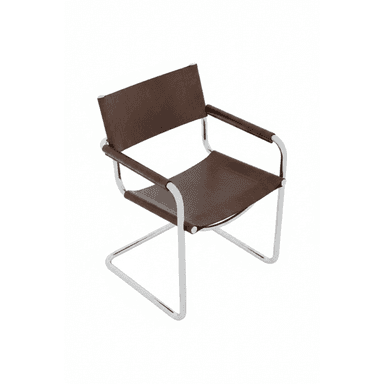 A Bauhaus-style cantilever armchair featuring a polished tubular chrome frame and brown leather sling upholstery for the seat, backrest, and armrests. — 3D model (AI enhanced source)
