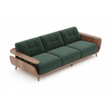 A modern three-seater sofa featuring a distinctive curved walnut wood frame that forms the arms and wraps around the back. It is upholstered in dark green fabric, with button-tufted back cushions. — 3D model (AI enhanced source)