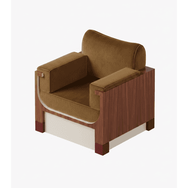 A modern upholstered armchair featuring a striking rectilinear wood frame with contrasting velvet cushions. The chair has a boxy profile with wide, flat armrests and a thick seat cushion, all covered in a warm olive-brown velvet. The frame is constructed from a dark, rich wood with visible grain, forming the sides and back. A light-colored panel forms the lower front and sides, supported by four reddish-brown block feet. A distinctive curved wooden element connects the armrest to the chair's back. — 3D model (AI enhanced source)