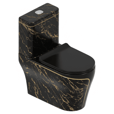 A modern, dual-flush toilet with a distinctive black marble-effect finish accented with gold veining. The toilet features a sleek, contemporary design with a concealed cistern within the tank and a soft-close seat. The flush button on top of the cistern is silver-toned. — 3D model (AI enhanced source)