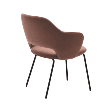 A contemporary dining chair featuring a scoop-back shell seat upholstered in a dusty rose velvet fabric, supported by four slender black metal legs. — 3D model (AI enhanced source)