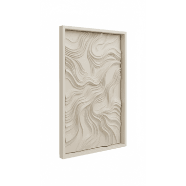 A rectangular framed wall art piece featuring a deeply sculpted, undulating relief pattern in a monochromatic cream or off-white color. The three-dimensional surface creates a dynamic, wavy texture within the simple, thin frame. — 3D model (AI enhanced source)