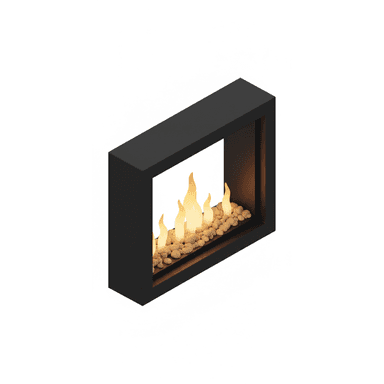 A modern, rectangular fireplace with a black metal frame. The interior features a bed of light-colored pebbles and is illuminated by artificial flames, suggesting it is a bioethanol or electric fireplace. — 3D model (AI enhanced source)