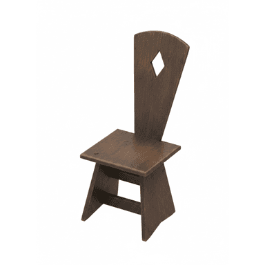 A small, dark-stained solid wood chair featuring a flat square seat and a tall, tapering backrest with a central diamond-shaped cutout. The chair has a rustic yet minimalist aesthetic. — 3D model (AI enhanced source)