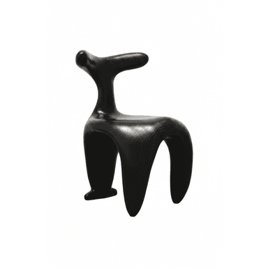 A striking sculptural lounge chair featuring a continuous, organic form. Crafted from dark-stained wood, possibly ash, with a visible grain texture, the chair presents a seamless silhouette without traditional joints or distinct legs. Its design incorporates a deep, reclined seat and a broad, curved backrest, all characterized by smooth, rounded contours and an absence of sharp angles. The piece functions as both comfortable seating and a significant artistic statement. — 3D model (AI enhanced source)
