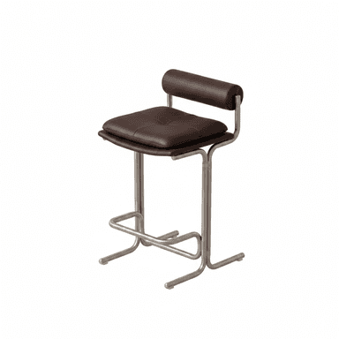 A modern bar stool featuring a tubular metal frame with a brushed finish, brown leather upholstery on the seat, and a cylindrical backrest. The seat is padded and includes button-tufting or quilting details. An integrated footrest is part of the metal frame. — 3D model (AI enhanced source)