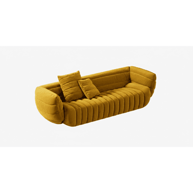 A contemporary three-seat sofa featuring deep channel tufting across its entire body, upholstered in a mustard yellow velvet fabric. It has a distinctive, rounded silhouette with integrated arms and back, and comes with two matching loose throw pillows. — 3D model (AI enhanced source)