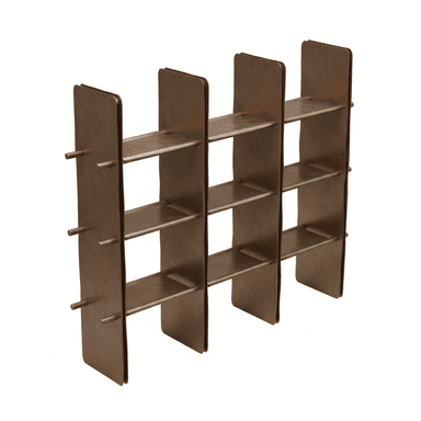 A brown, modular open-back shelving unit featuring three vertical partitions and three horizontal shelves, creating a grid of nine compartments. All components have subtly rounded edges. Small cylindrical pegs protrude from the exterior of the outermost vertical side panels. — 3D model (AI enhanced source)