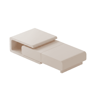 A minimalist, low-profile extendable coffee table featuring a rectangular form with softened, rounded edges. The top section slides horizontally, revealing a secondary surface and extending the overall length. It is finished in a uniform light beige, suggesting a lacquered or matte painted wood composite material. — 3D model (AI enhanced source)