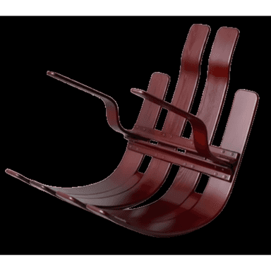 A dark red wooden rocking chair with a curved seat and backrest. The chair features multiple slatted wooden components that form the seat and back. Curved armrests extend forward from the main body. The construction appears to be solid wood, with visible rivets or fasteners securing some of the components. — 3D model (AI enhanced source)