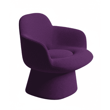 A contemporary lounge chair featuring a deep purple fabric upholstery. The chair has a distinctive sculptural form with an enveloping backrest and integrated armrests, providing a comfortable, cocoon-like seating experience. It sits on a sturdy, conical pedestal base, fully upholstered to match the rest of the chair. The design emphasizes organic curves and a sleek, modern aesthetic. — 3D model (AI enhanced source)