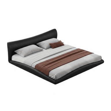A modern low-profile platform bed featuring a curvilinear headboard and an upholstered frame, presented with bedding in a minimalist setting. — 3D model (AI enhanced source)