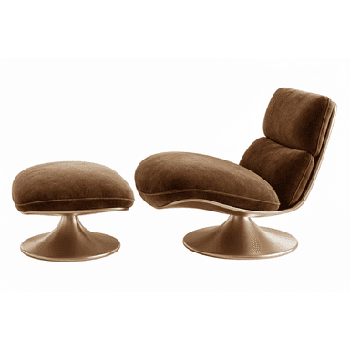 A luxurious contemporary swivel lounge chair and matching ottoman, both featuring plush brown velvet upholstery and elegant brushed gold pedestal bases. — 3D model (AI enhanced source)