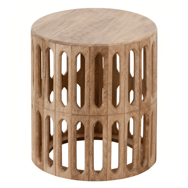 A round wooden table with a solid top and a cylindrical base featuring two tiers of carved, elongated arch cutouts forming a decorative fretwork pattern. The wood has a light, natural finish. — 3D model (AI enhanced source)