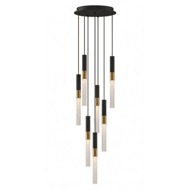 A modern multi-light pendant chandelier featuring nine individual cylindrical light sources suspended from a circular black canopy. Each light comprises a black cylindrical top, a brass band, and a frosted white or textured glass lower section that emits light. The lights hang at varying lengths, creating a dynamic, clustered arrangement. — 3D model (AI enhanced source)