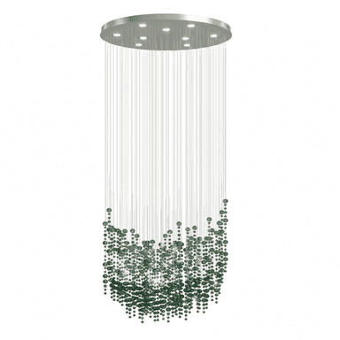 A modern chandelier featuring a circular, brushed metal canopy with integrated recessed spotlights. Numerous thin wires or suspension lines descend from the canopy, forming a cylindrical shape. Towards the bottom half, these lines are densely adorned with small, dark green, spherical beads, creating a volumetric, cascading effect that disperses and refracts light. — 3D model (AI enhanced source)