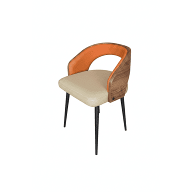 A modern dining chair featuring a curved backrest, upholstered seat, and wooden accents. The chair has a distinct sculptural form with a blend of materials. — 3D model (AI enhanced source)