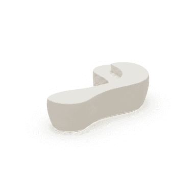 A modern, sculptural, curved seating unit, likely a bench, with a low profile and an organic, fluid shape. It features a raised, integrated section that acts as a partial backrest or armrest. The entire piece is light-colored, possibly off-white or light beige, and has subtle, integrated under-lighting along its base, casting a warm glow. — 3D model (AI enhanced source)