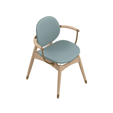A contemporary armchair featuring a light-toned wooden frame with a gently curved backrest and integrated armrests. The seat and backrest are upholstered in a light blue-green fabric, providing a soft contrast to the wood. Brass accents are visible on the armrest joints and leg tips, adding a touch of sophistication. The legs are tapered, contributing to the chair's refined and modern aesthetic. — 3D model (AI enhanced source)