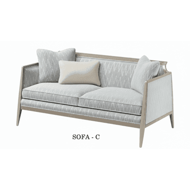 A two-seater sofa featuring a light-colored exposed wooden frame. The upholstery is a light gray fabric with a white zigzag or chevron pattern covering the seat, back, and arm panels. It includes two seat cushions, two back cushions, and one rectangular lumbar accent pillow in a solid light beige color. The backrest has a distinctive fluted or ribbed detail along its top edge. The sofa is supported by four tapered wooden legs. — 3D model (AI enhanced source)