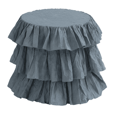 A cylindrical accent table entirely covered in multiple tiers of ruffled, crumpled blue-grey fabric, presenting a soft and textural appearance. — 3D model (AI enhanced source)