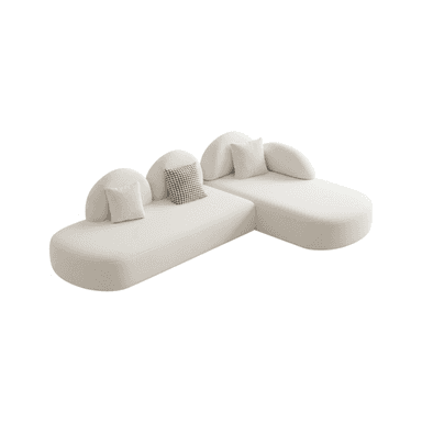 A cream-colored, low-profile modular sectional sofa featuring an integrated chaise lounge. The sofa is characterized by its soft, organic rounded shapes and is upholstered in a textured boucle fabric. It includes several small lumbar pillows, one of which has a black and white checkered pattern. — 3D model (AI enhanced source)