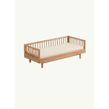 A modern daybed constructed from light-toned wood, featuring slatted sides and ends. It includes a recessed platform for a mattress, which is visible as an off-white cushion. The design is minimalist, with short, tapered legs providing subtle elevation. The overall aesthetic is clean and contemporary. — 3D model (AI enhanced source)