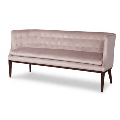 A blush pink tufted velvet banquette bench with a high back and dark wooden tapered legs. — 3D model (AI enhanced source)