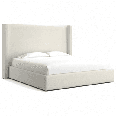 An upholstered platform bed featuring a tall, winged headboard and a fabric-covered frame, presented in a light neutral color against a white background. — 3D model (AI enhanced source)