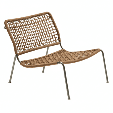 A low-profile lounge chair featuring a sturdy dark gray metal frame and a wide, open-weave seat and backrest made from light brown woven synthetic rope or cord. The chair has a relaxed, reclined posture, typical of lounge seating. The legs are slender and angled, providing a minimalist and contemporary aesthetic. — 3D model (AI enhanced source)