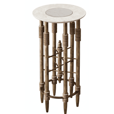 A tall, elegant pedestal table featuring a round white marble top with a subtle inset, supported by a cluster of polished brass columns. The brass columns are adorned with textured rope-wrapped accents at the top and bottom, and a decorative, cross-braced brass element at the mid-section adds structural and visual interest. — 3D model (AI enhanced source)
