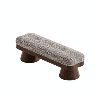 A contemporary rectangular bench featuring a deeply cushioned, tufted upholstered top. The upholstery is a textured, multi-tonal fabric in shades of brown, gray, and white. The base consists of a dark-stained wooden frame from which two substantial, turned wooden pedestal legs descend, providing stable support. The design combines comfort with a modern aesthetic, highlighted by the striking silhouette of the legs. — 3D model (AI enhanced source)