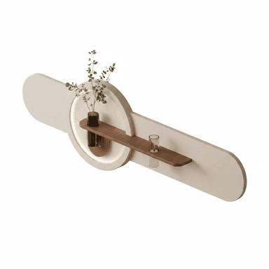 A modern wall-mounted shelving unit featuring an elongated, rounded back panel in a light color, with an integrated circular illuminated element and a wooden shelf. — 3D model (AI enhanced source)
