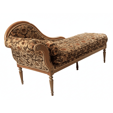 A traditional chaise lounge featuring an ornate carved wooden frame and rich floral tapestry upholstery, designed for comfortable reclining. — 3D model (AI enhanced source)