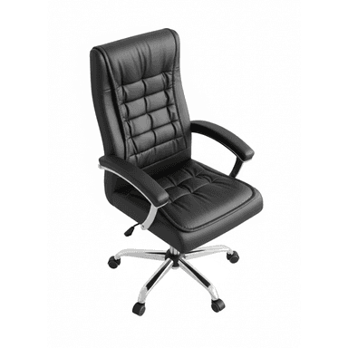 A contemporary high-back executive office chair featuring black tufted faux leather upholstery, padded armrests, and a five-star chrome-plated metal base with casters for mobility. — 3D model (AI enhanced source)