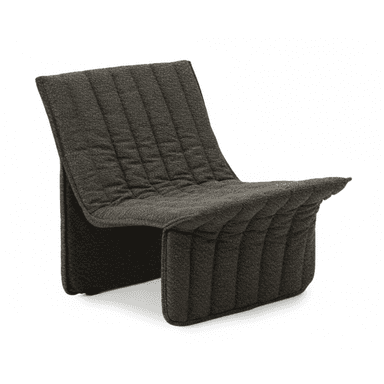 A modern, low-profile lounge chair upholstered in a dark, textured fabric with distinctive channel tufting. The chair features an integrated design where the seat and backrest seamlessly transition into the base, creating a minimalist, armless silhouette. — 3D model (AI enhanced source)