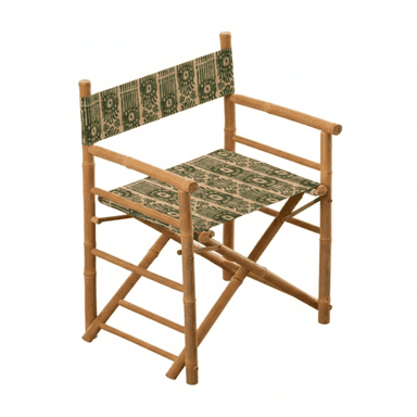 A folding director's chair constructed from bamboo, featuring a natural light wood finish. The seat and backrest are made from a woven textile, possibly canvas or similar fabric, adorned with an intricate green and beige geometric pattern. The chair has prominent armrests and a cross-brace folding mechanism visible below the seat. — 3D model (AI enhanced source)