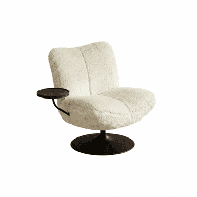 A plush, cream-colored armchair with a distinctive, textured upholstery that resembles sheepskin or faux fur. The chair features a low-profile, rounded silhouette with segmented cushions for the seat and back. It is mounted on a black, circular swivel base. A small, dark wooden circular side table is attached to the left side of the chair via a black metal arm. — 3D model (AI enhanced source)