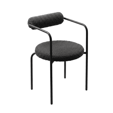 A modern chair with a rounded seat and a cylindrical backrest, both upholstered in a textured, dark gray fabric. The frame and legs are made of slender, black metal tubing. The armrests are formed by the continuous curve of the metal frame from the backrest to the front. — 3D model (AI enhanced source)